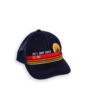 Navy blue cap with Joe's Crab Shack branding and small crab boat being illuminated by moon.