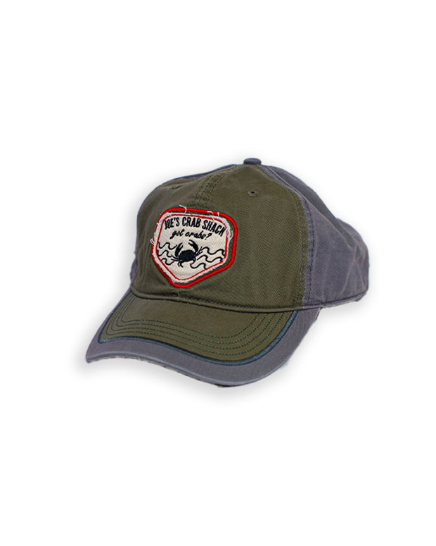 Grey and green two tone cap with patch saying "got crabs?" with crab embroidery and Joe's Crab Shack branding.