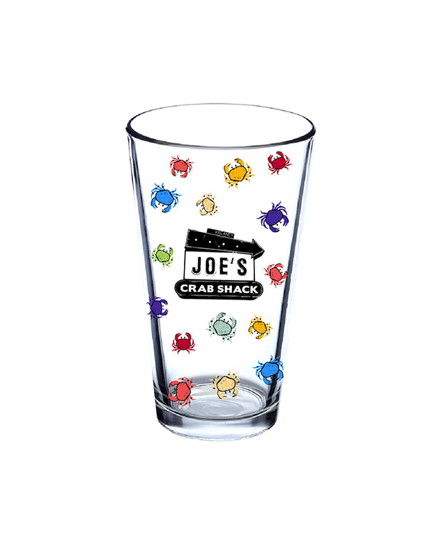 Back side of pint glass that has Joe's Crab Shack logo outlined in black.