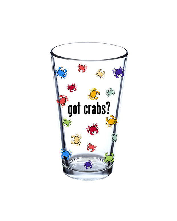 Pint glass with multicolored crabs and "got crabs?" written in black lettering.