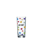 Shot glass with multicolored crabs and "got crabs?" written in black lettering.
