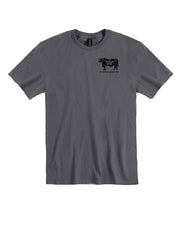 Front view King Ranch Est 1853 short sleeve tee, Charcoal color , Material 100% ring spun cotton polyester blend, double needle sleeve and tear away label, Shirt has King Ranch and a cow with classic running w