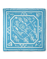 Light blue silk scarf with handdrawn map design in white in front  of white background.