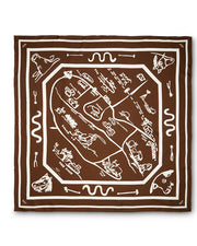Deep brown silk scarf with handdrawn map design in white in front  of white background.