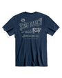 King Ranch Est 1853 short sleeve tee, Navy blue, Material 100% ring spun cotton polyester blend, double needle sleeve and tear away label, Shirt has King Ranch, Tx logo, est. 1853, a cow with classic running w, American original, over 150 years of Ranching, Back view of shirt