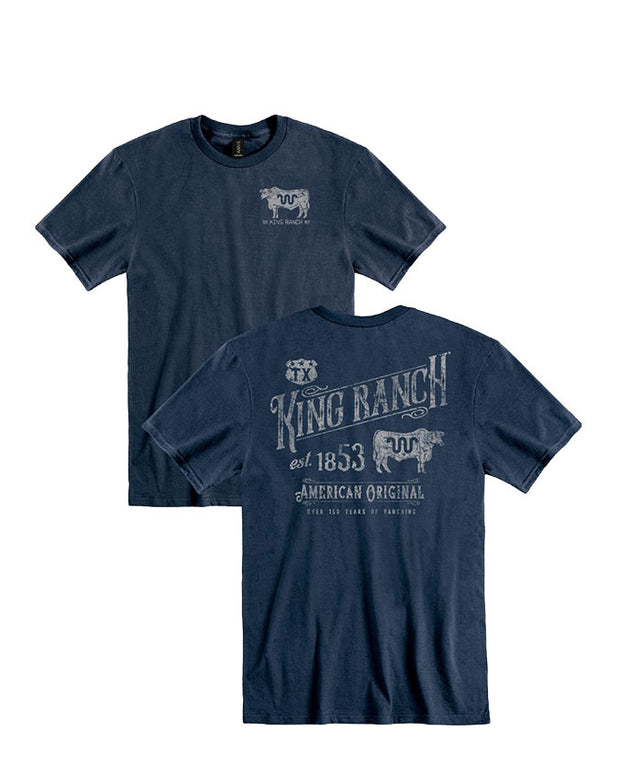 King Ranch front and back view of classic Navy tee, Front left side has cow with classic running w logo running through it, The back view has King Ranch, Tx logo, est. 1853, a cow with classic running w, American original, over 150 years of Ranching. Navy Blue