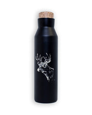 Black tumblr water bottle with cork lid and white outline of Whitetail deer.