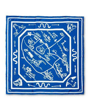 Navy blue silk scarf with handdrawn map design in white in front  of white background.