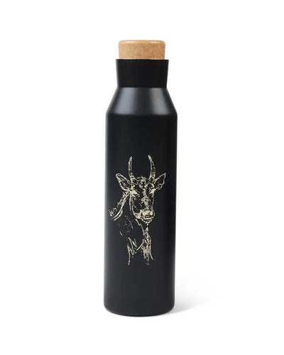 Black tumblr water bottle with cork lid and white outline of Nilgai.