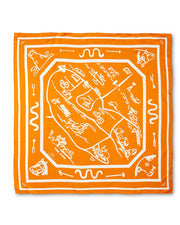 Bright orange silk scarf with handdrawn map design in white in front  of white background.