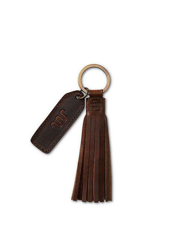 King Ranch Short Leather Tassel Key Chain, Split Key Ring.  brown leather keychain with a tassel design and a metal ring. Attached to the keychain is a small leather tag embossed with the King Ranch logo on a white background.