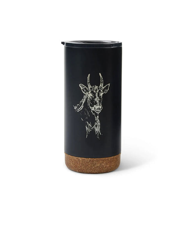 Black tumblr with cork bottom has off-white Nilgai design in front of white background.