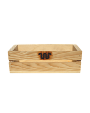 Small light-colored wood crate with King Ranch logo burned into wood.
