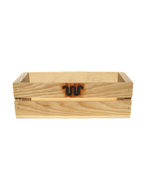 Small light-colored wood crate with King Ranch logo burned into wood.