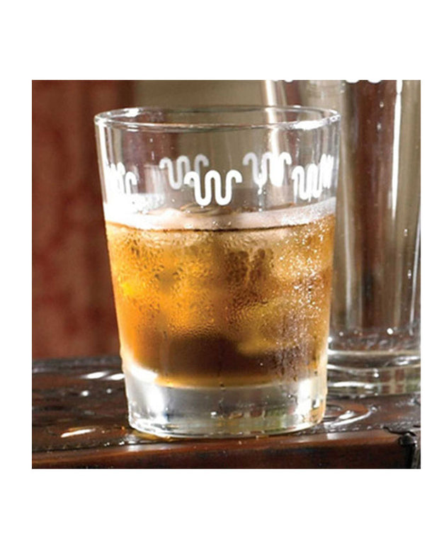 King Ranch whiskey glass with multiple running w's along the rim of the glass, pictured with half full glass and glass in background all glasses sold separately 