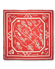 Vibrant red silk scarf with handdrawn map design in white in front  of white background.