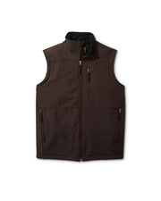 Brown vest with zipper pockets in front of all white background.