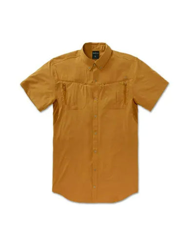 Mustard yellow short sleeve collared shirt in front of all white background.