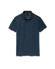 Navy blue polo in front of all white background.