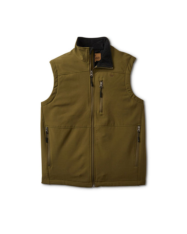 Dark olive vest with zipper pockets in front of all white background.
