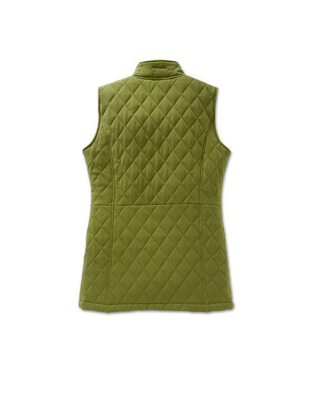 Back of olive quilted vest in front of all white background.