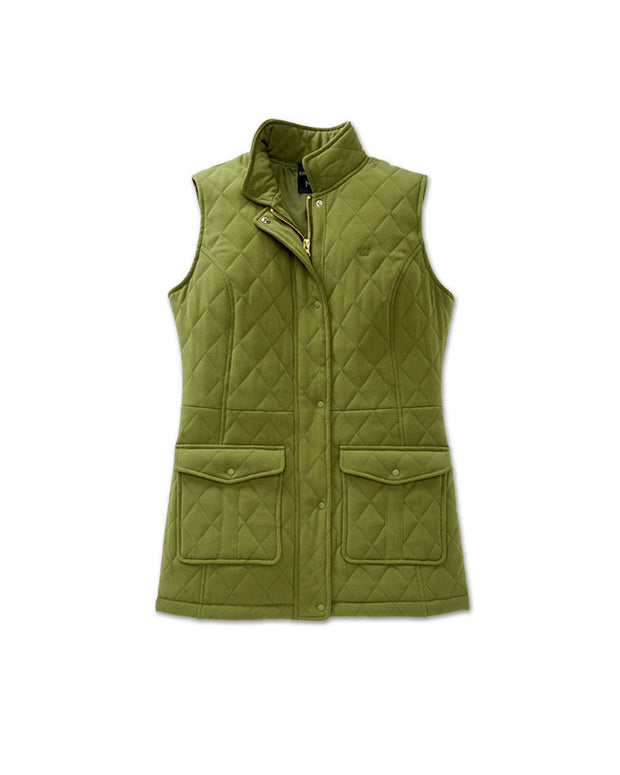 Olive quilted vest with zipper and button pockets in front of all white background.