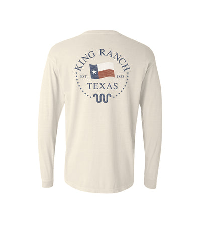 Ivory long sleeve shirt with "King Ranch Texas Est. 1853" logo in blue and Texas flag in middle.