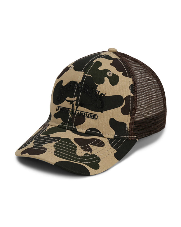 Dark camo cap with mesh backing and black Saltgrass embroidered logo.