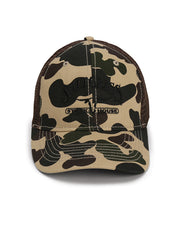 Front view of cap to show camo print and black Saltgrass embroidery.