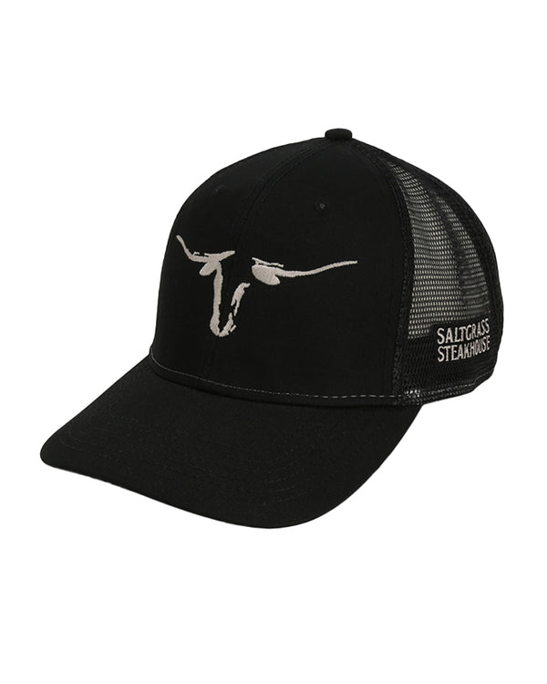 Black cap with mesh backing and white longhorn embroidery.