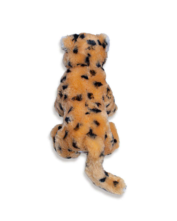 Back of Maya the Jaguar plush in front of white background.