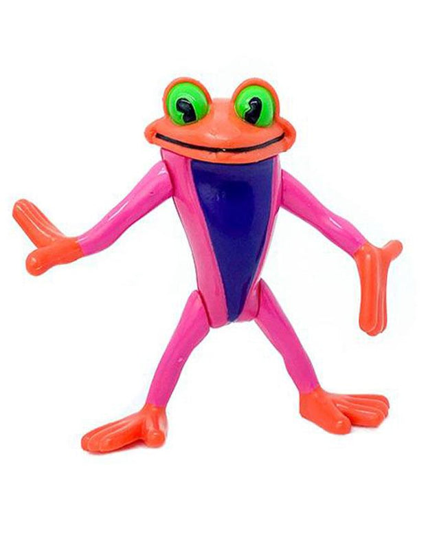 A colorful toy frog with exaggerated features, standing upright with arms and legs spread, showcasing its bright pink limbs, orange hands and feet, a blue body, and a face with large green eyes.