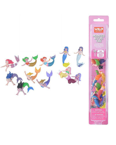 Pink tube of 10 mermaid figures with various hair and tail color combinations.