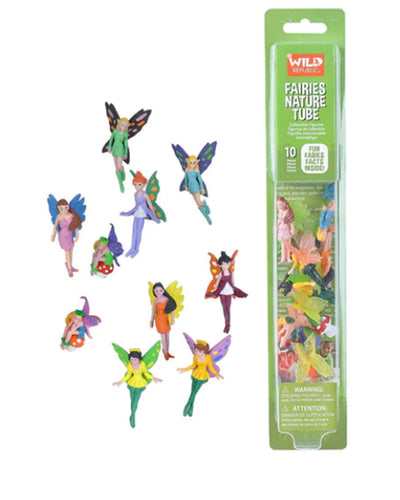 Green tube of 10 fairy figures with various hair, outfit, and wing color combinations.