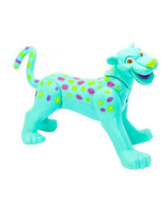 A colorful neon toy figurine of a jaguar with a playful expression, decorated with vibrant spots against a white background.