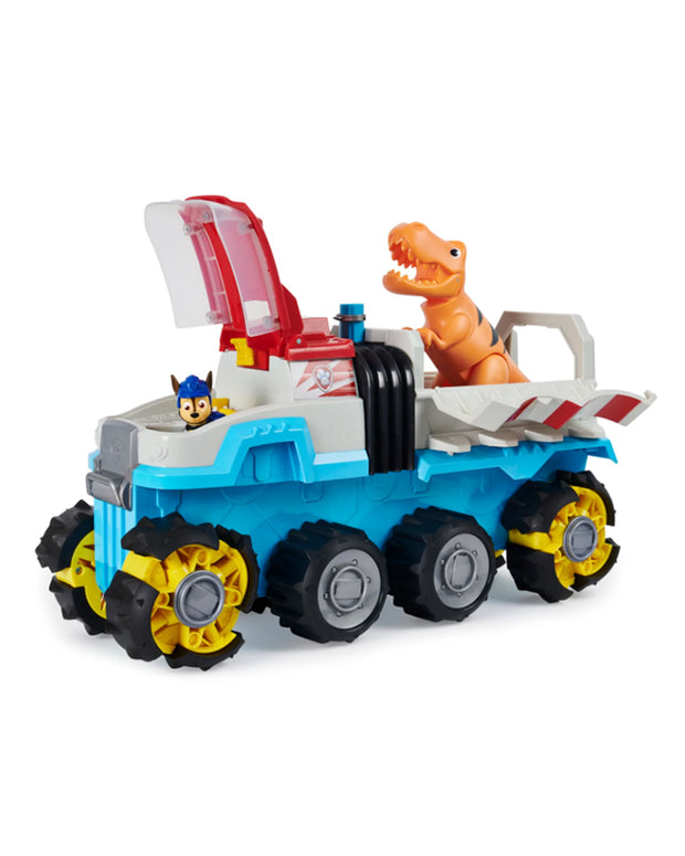 Blue patroller vehicle with orange dinosaur in the back and Chase in the front.