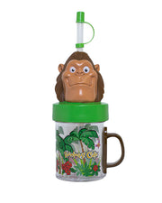 Clear mug with brown handle, iconic tropical Rainforest Cafe design, a green lid, Bamba head, and a clear straw with a green cap.
