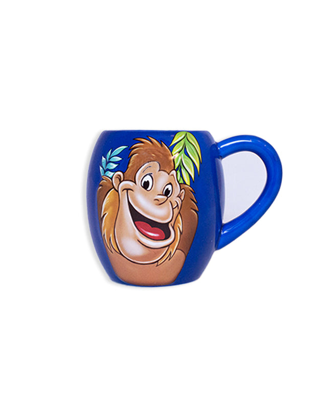 Ceramic blue coffee mug with a smiling Bamba painted in the center.
