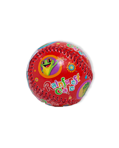 Red baseball with colorful Rainforest Cafe characters printed on it.