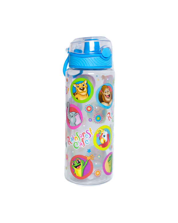 Clear water bottle with blue push-button lid that can hold 23 fluid ounces and has Rainforest Cafe characters as bottle design