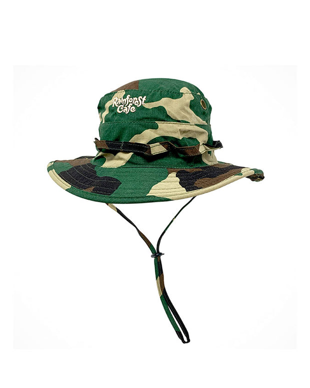 Camoflauge print safari hat with an adjustable chin strap and the Rainforest Cage logo embroidered in tan.