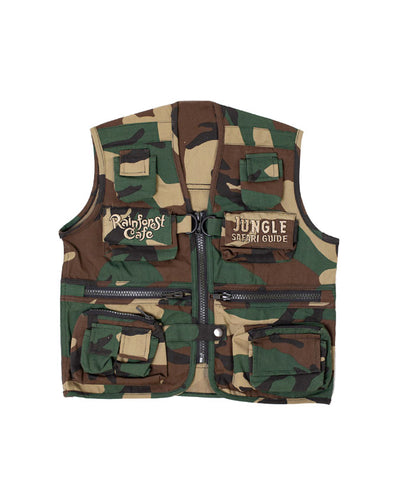 Camoflauge print vest with zipper pockets and Rainforest Cafe logo and "Jungle Safari Guide" embroidery in tan.