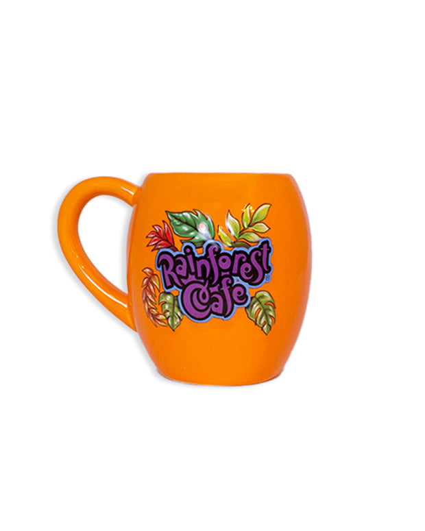 Back of Rainforest Cafe Cha Cha Coffee Mug with Rainforest Cafe logo painted in purple.