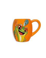 Ceramic bright orange mug with a smiling Cha Cha painted in the center.