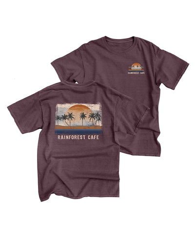 brown tee showing front and back. Back of shirt has a framed image of a sunset with palm tress on beach. under image reads "rainforest cafe". front of shirt has the sunset graphic on left chest with "rainforest cafe" under it.