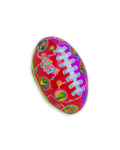 Multicolored football with cartoon Rainforest Cafe characters printed in vibrant colors.
