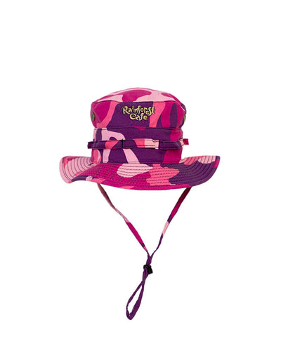 Pink camoflauge print safari hat with an adjustable chin strap and the Rainforest Cafe logo embroidered in tan.