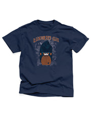 Navy cotton shirt that has a cartoon mohawk gorilla head and Rainforest Cafe branding in orange.
