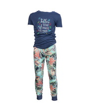 Navy blue tee that says "Follow Your Dreams, Take Naps" with different colored tree palms paired with seafoam green jungle palm pants 