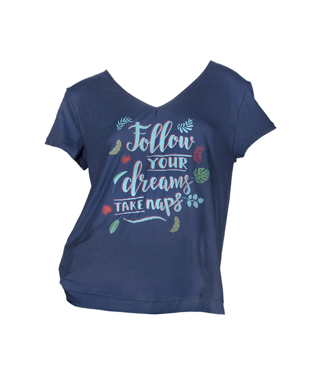 Navy blue tee that says "Follow Your Dreams, Take Naps" in light blue cursive and colored tree palms.